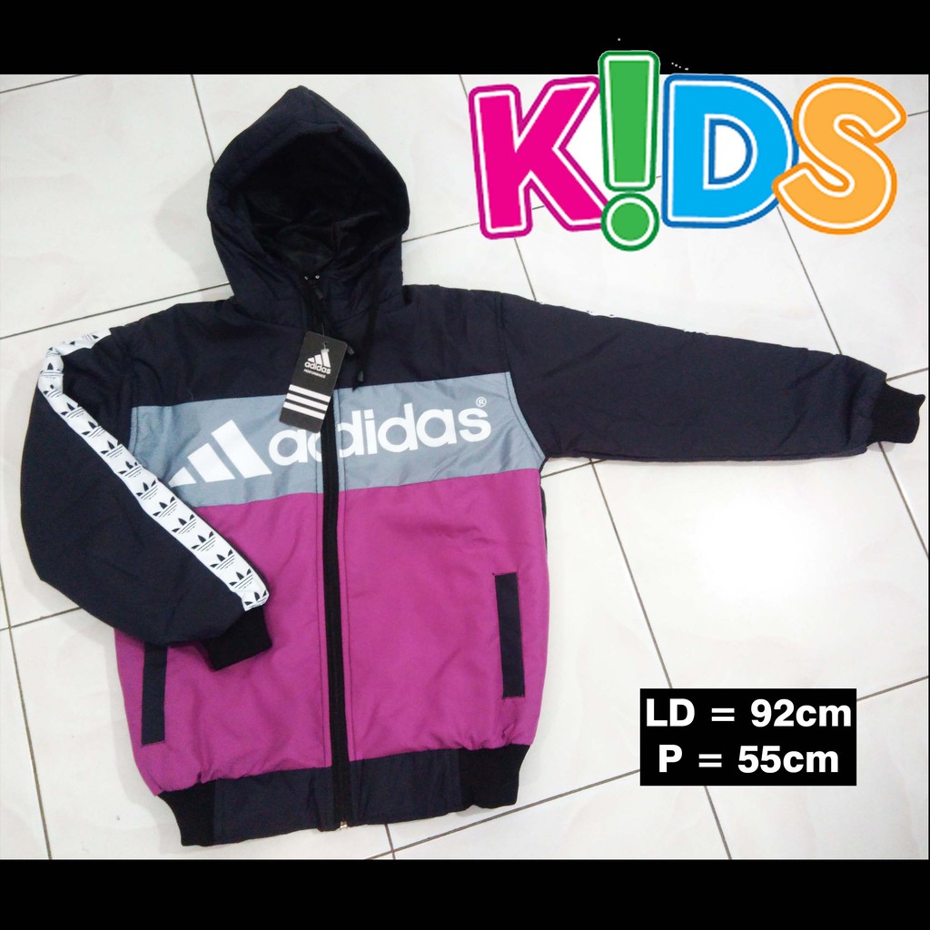 Jaket Anak Parasut Waterprof Usia Tanggung Merah Muda Pink Magenta Abu Hitam Kombinasi Adidas