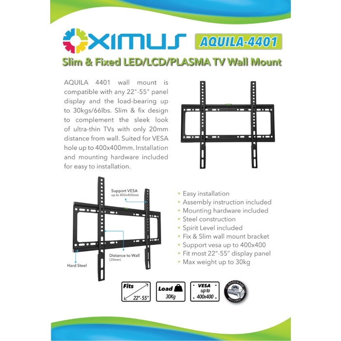 Bracket TV LED 22&quot; - 55&quot; Oximus Aquila - Slim &amp; Fixed LED / LCD / PLASMA TV Walll Mount