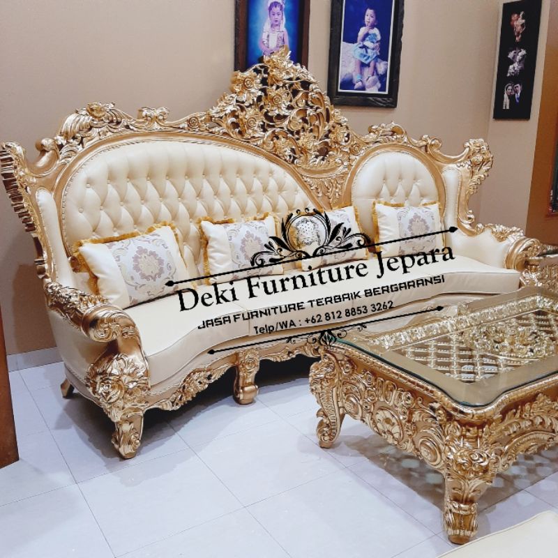KURSI SOFA MEWAH RUANG TAMU KLASIK ELEGAN TERBARU 2022 JATI JEPARA JUMBO 4211+3MEJA SOFA MEWAH