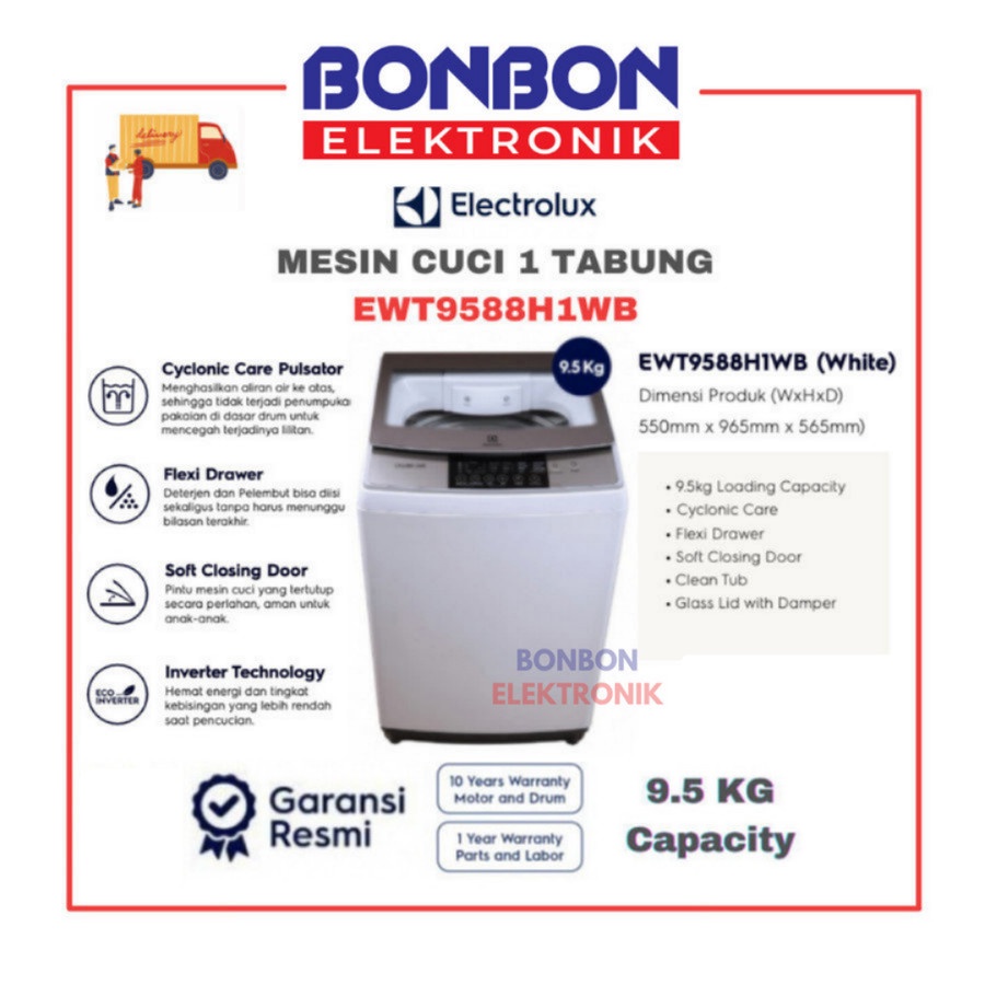 Electrolux Mesin Cuci 1 Tabung 9.5KG EWT9588H1WB / EWT 9588H1WB