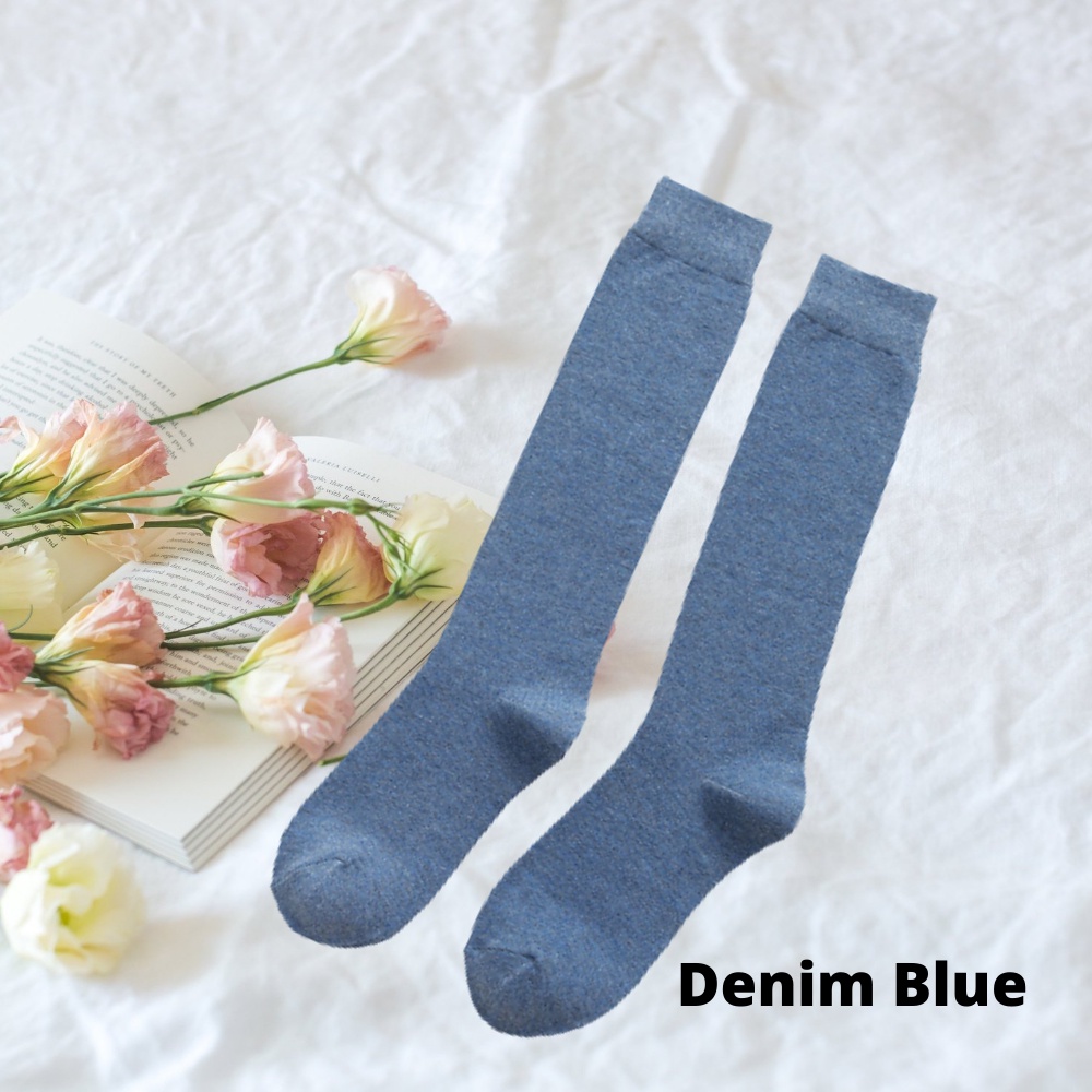 Kaos Kaki Cewek Panjang Selutut  Kaos Kaki Gaya Jepang korea  Kaos Kaki Muslimah Calf Socks Polos-Denim Blue