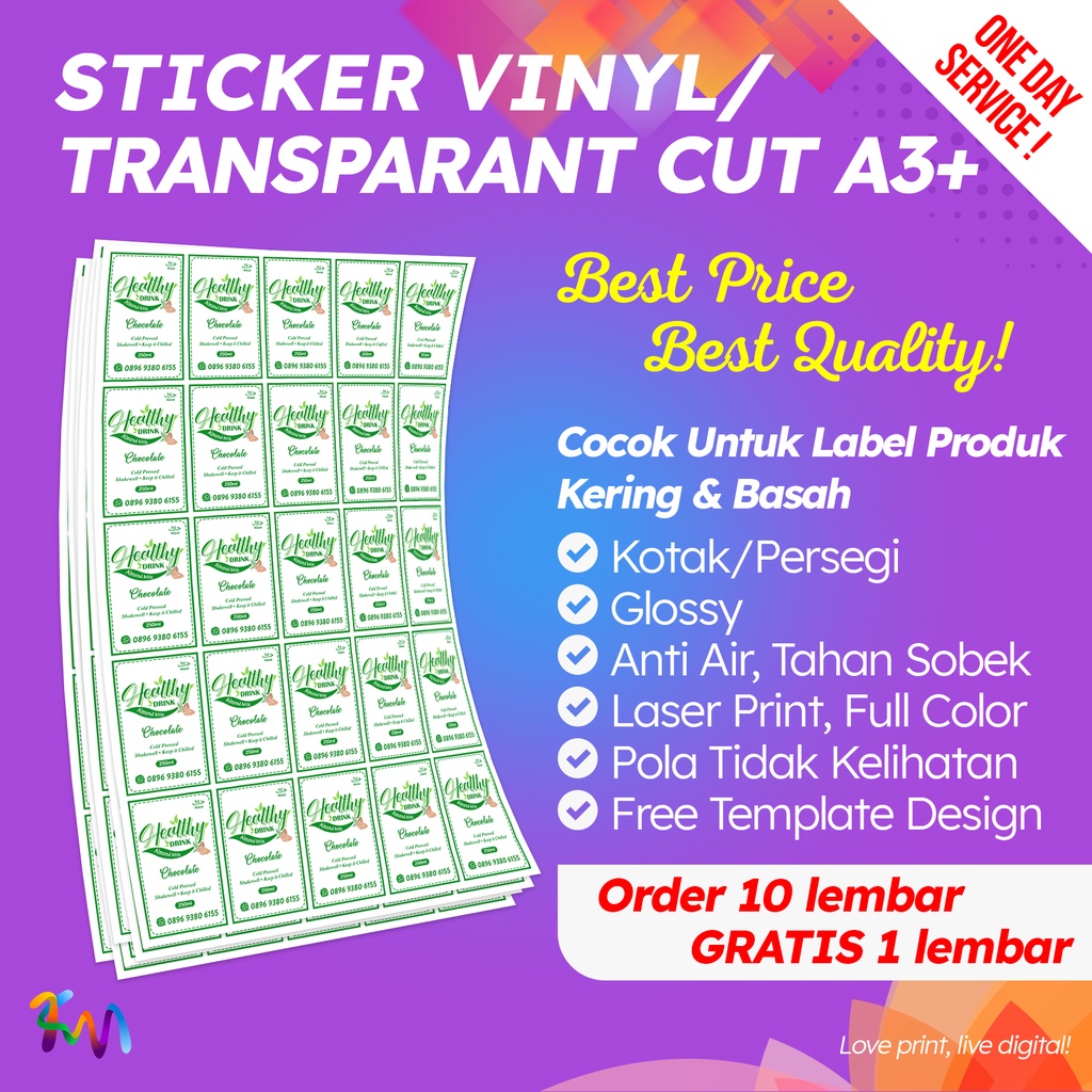 

Sticker Transparant/Vinyl A3+ (Waterproof) FREE MANUAL CUT | Cetak Stiker Label Produk