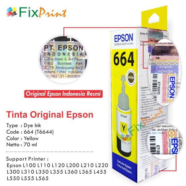 Tinta Printer Epson Original L100 L110 L120 L200 L210 L220 L300 L310 L350 L355 L360 L360 L455 L550