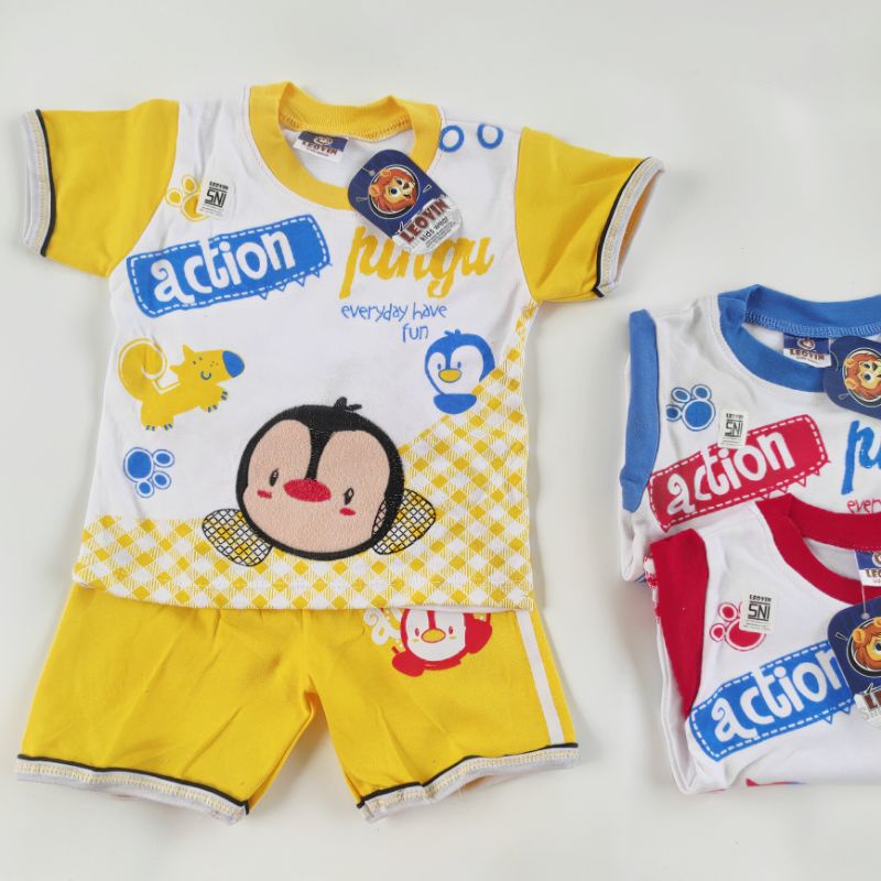 SNI LEOVIN PINGU Setelan baju celana singlet kutung pendek anak bayi halus bordir