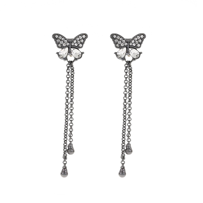 Anting Rumbai Panjang Desain Kupu-Kupu Aksen Kristal Bahan Zirkon Warna Emas Gaya Korea Untuk Wanita