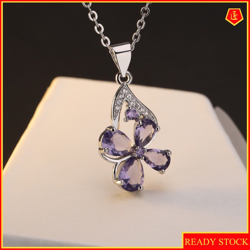 [Ready Stock]Fashion Plated S925 Silver Clover Amethyst Diamond-Studded Necklace Pendant