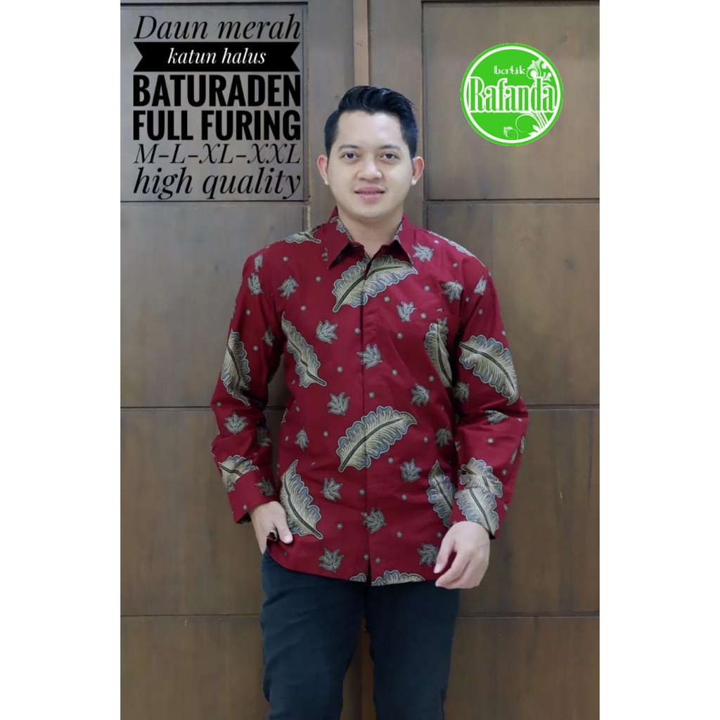 DAUN MERAH Atasan Kemeja Batik Pria Lapis Furing PREMIUM Lengan Panjang Batik Rafanda Solo