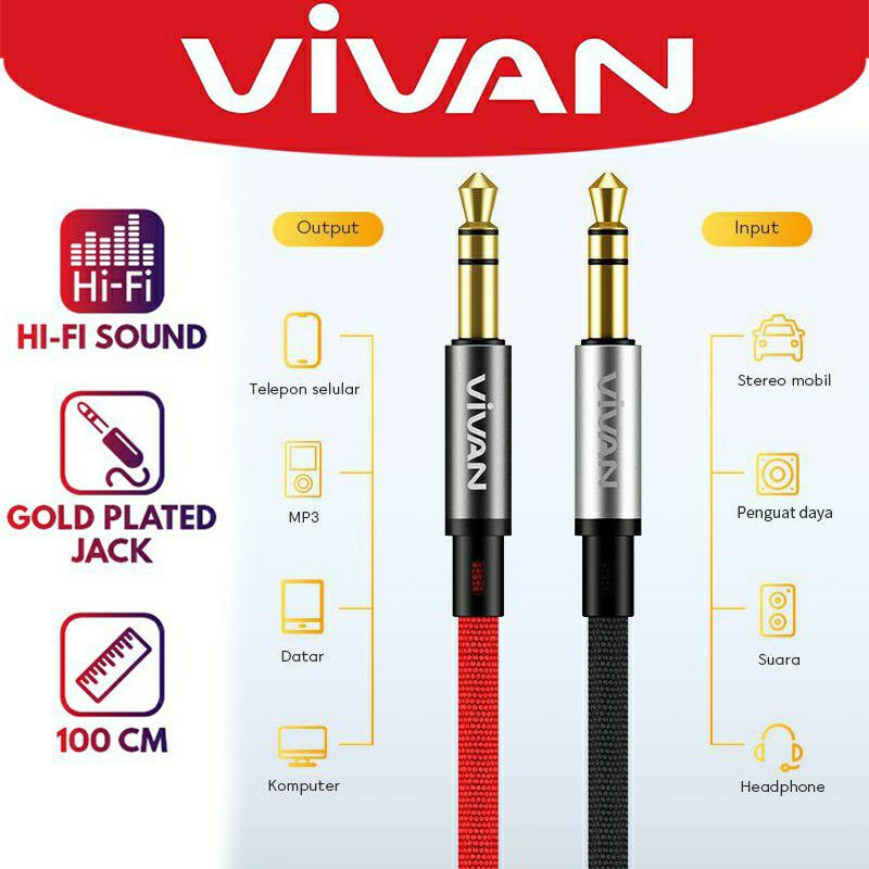 VIVAN Kabel Audio Hi-Fi Sound Gold Plated Nylon HP Speaker Mobil 1M Stereo AUX01