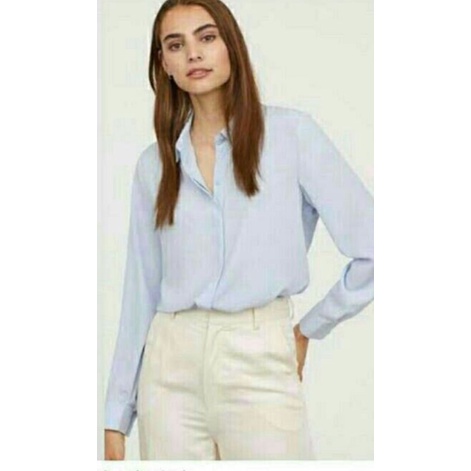 H&M Long Sleeve Patterned /Striped Blouse Wanita Branded Original-Blue