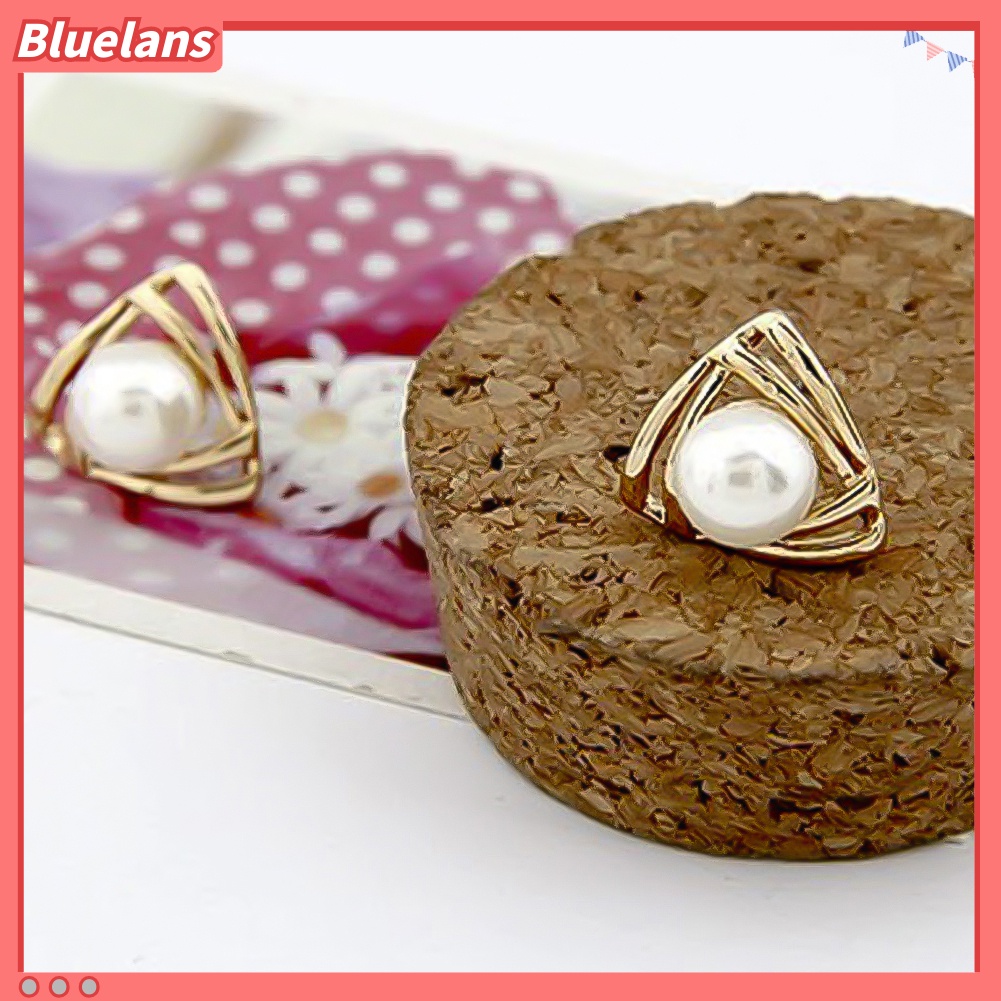 Bluelans Women Faux Pearl Inlaid Double Triangle Crossover Ear Stud Earrings Jewelry Gift