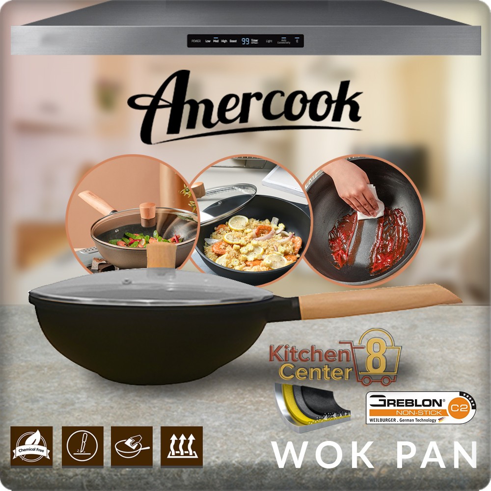 Amercook Wajan Teflon Deep Wok Penggorengan Anti Lengket 28cm Frying Pan Marble Greblon C2 Black Non