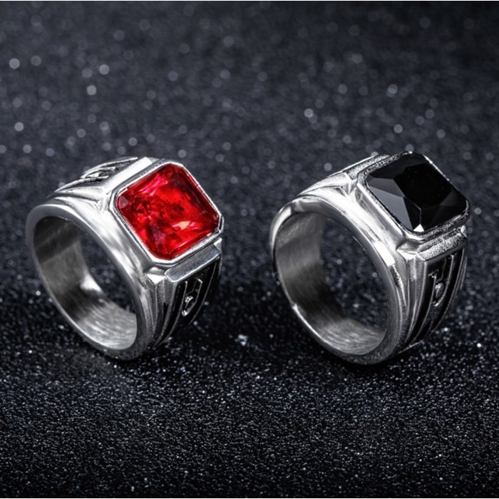 Stainless Steel Rings 2018 Men's Wide Red Black Square Stone Male Party Single Men Jewelry