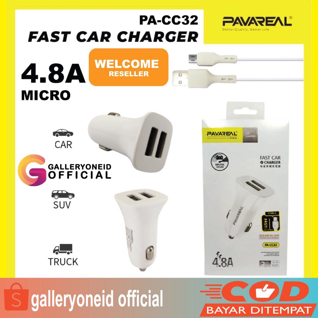 Pavareal 4.8A Car Charger Mobil USB Micro Type C Lightning Fast Charging Aksesoris Handphone Hp GALLERYONE gallery one