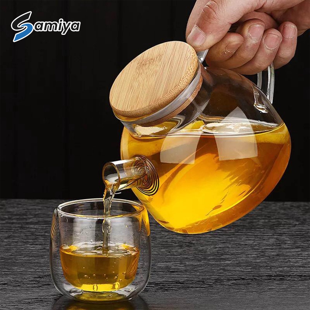 tea pot infuser wooden lid 1liter / teko teh kaca dengan tutup kayu / kungfu teapot / jus dispenser