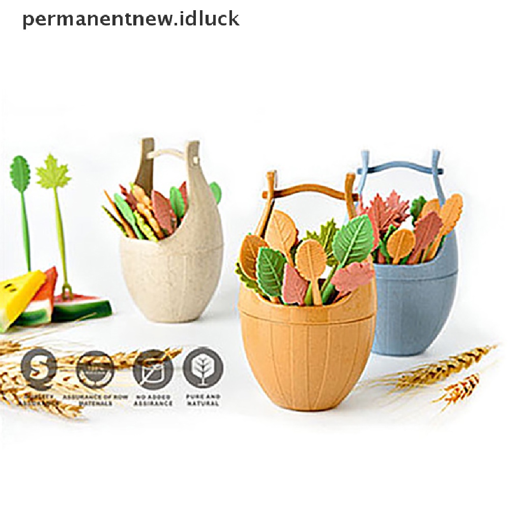 Set 16pcs Garpu Buah Kue Salad Bentuk Bunga Daun Bahan Jerami Gandum Dengan Ember