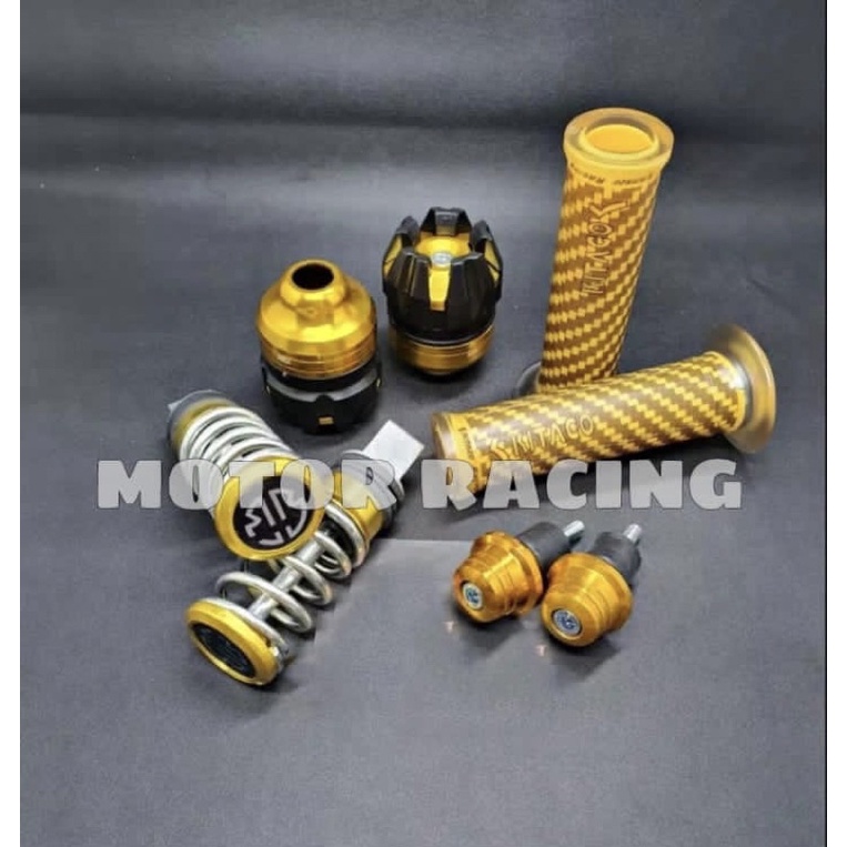 HANDGRIP GRIP KARBON + JALU AS RODA DEPAN + FOOTSTEP PEER CNC + JALU STANG UNIVERSAL SEMUA MOTOR - GOLD