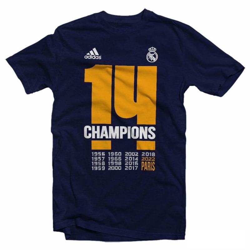t-shirt Kaos Real Madrid CHAMPIONS 14   kaos bola real Madrid juara liga Champions 2022