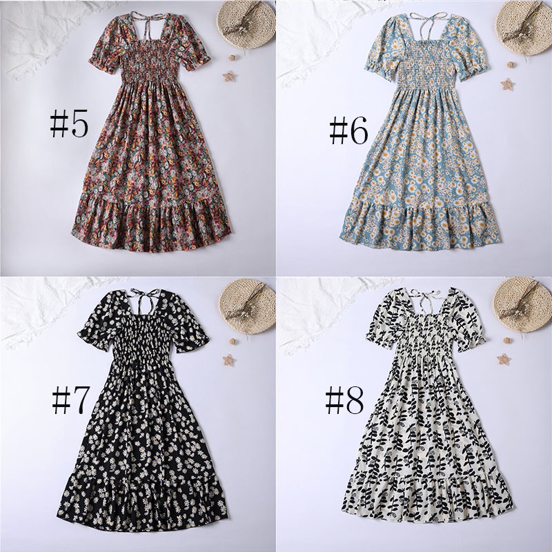 Dress motif bunga smocked korea lengan pendek dengan dasi belakang