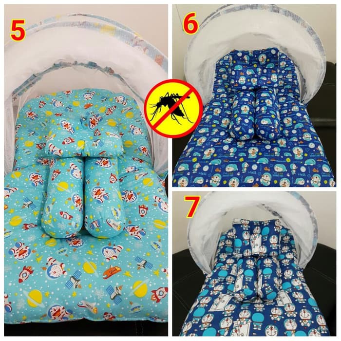 1 set kasur bayi, bantal guling dan kelambu doraemon