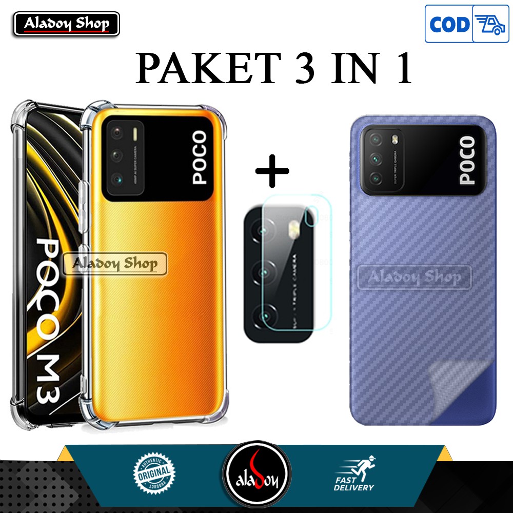 PROMO Case Xiaomi Poco M3 Ultrathin Softcase Casing Transparent + Tempered Glass Camera + Garskin