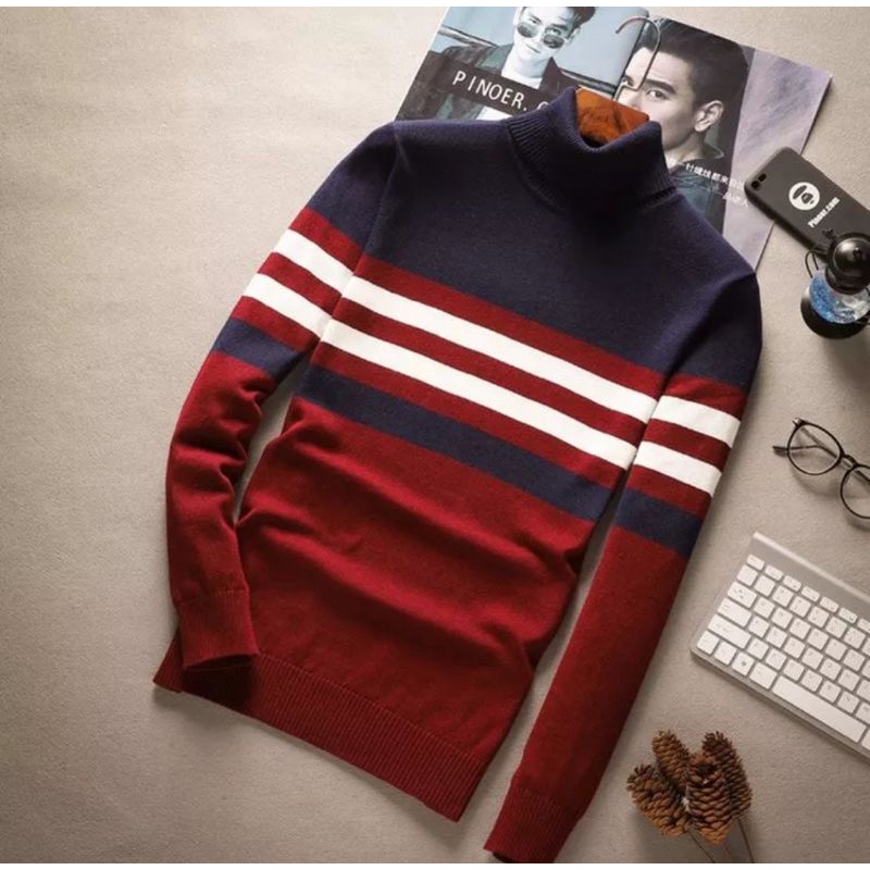 Sweater Hoodie Turtleneck Rajut Pria Pullover Strip Rajut O-neck