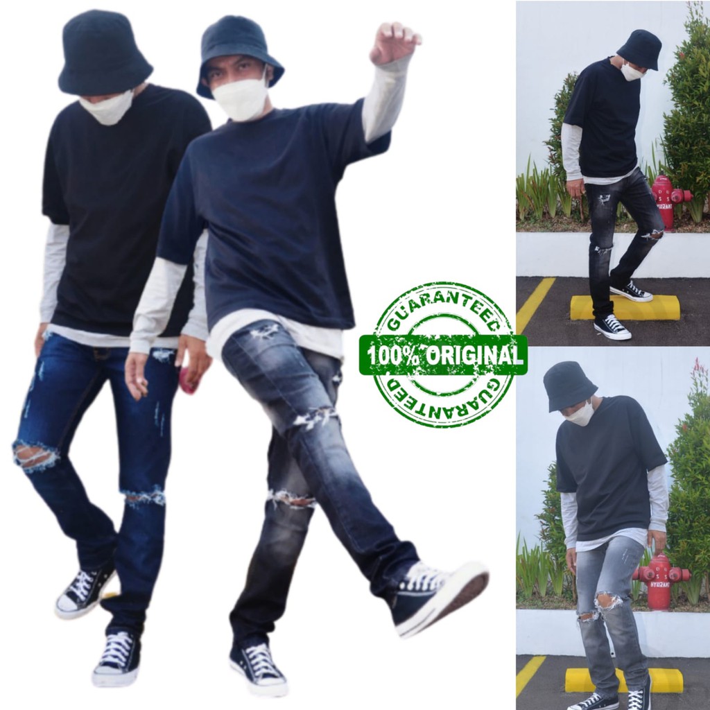 Celana jeans sobek lutut / Jeans Ripped Pria Jumbo Big-size 27-46 /Celana Jeans Panjang sobek Jumbo 
