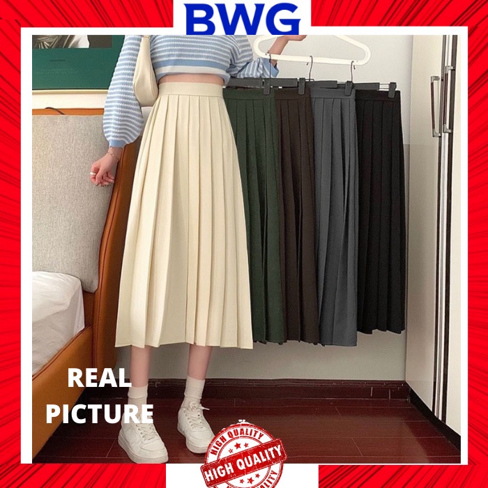 [cod] Korean Maxi Tennis Skirt Long Pleated Skirt Rok Tenis Korea Panjang - Cream, S