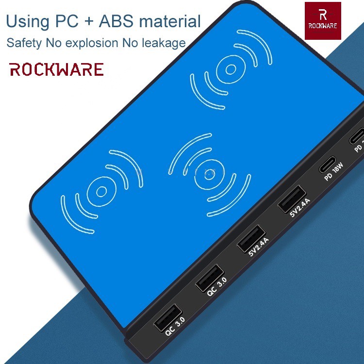 ROCKWARE 819 - 4 USB and 2 PD Port with Qi Wireless Charging - 120W - Charger Multiport Up To 9