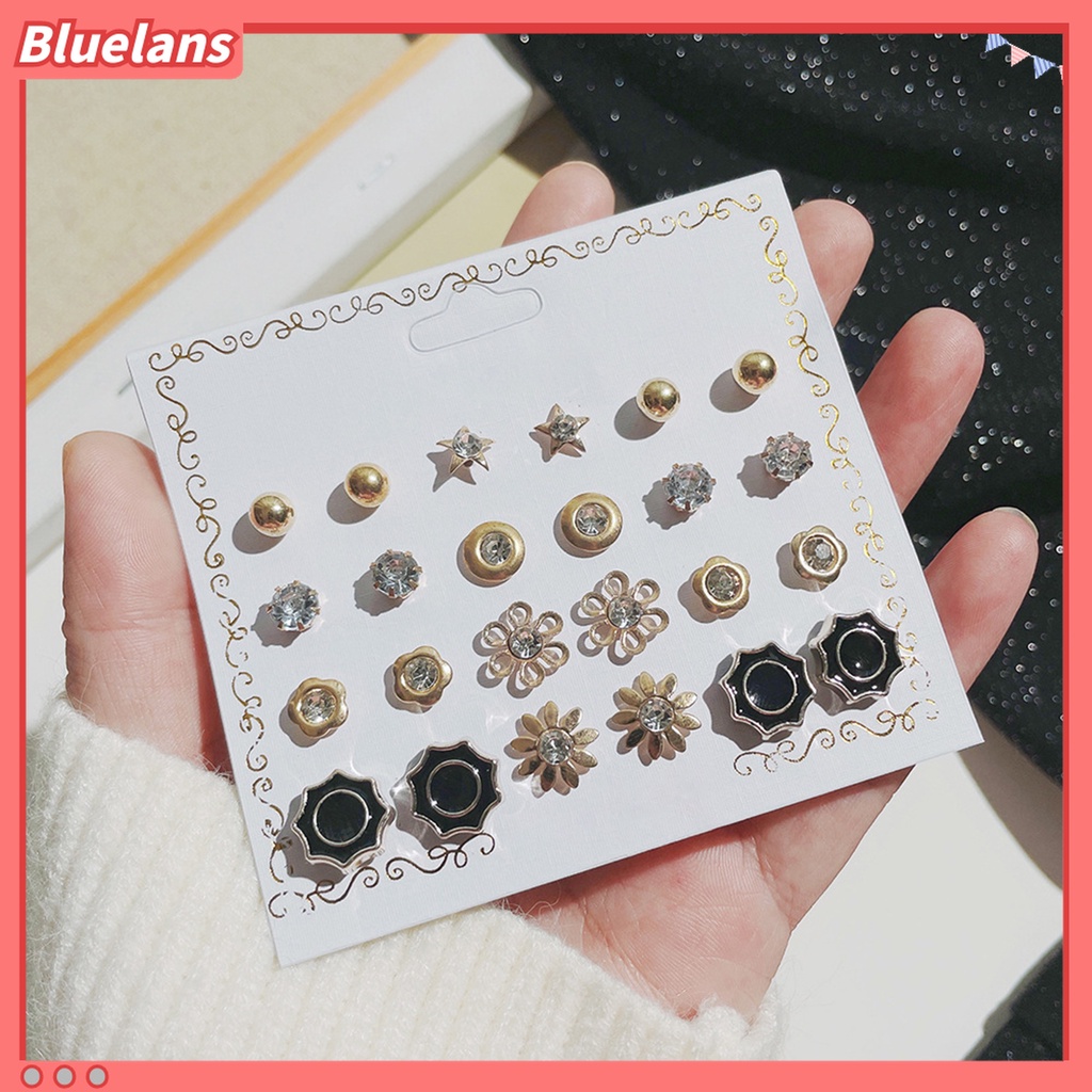 Bluelans 12 Pasang Anting Stud Bentuk Bola Geometris Aksen Mutiara Imitasi Gaya Korea Untuk Wanita