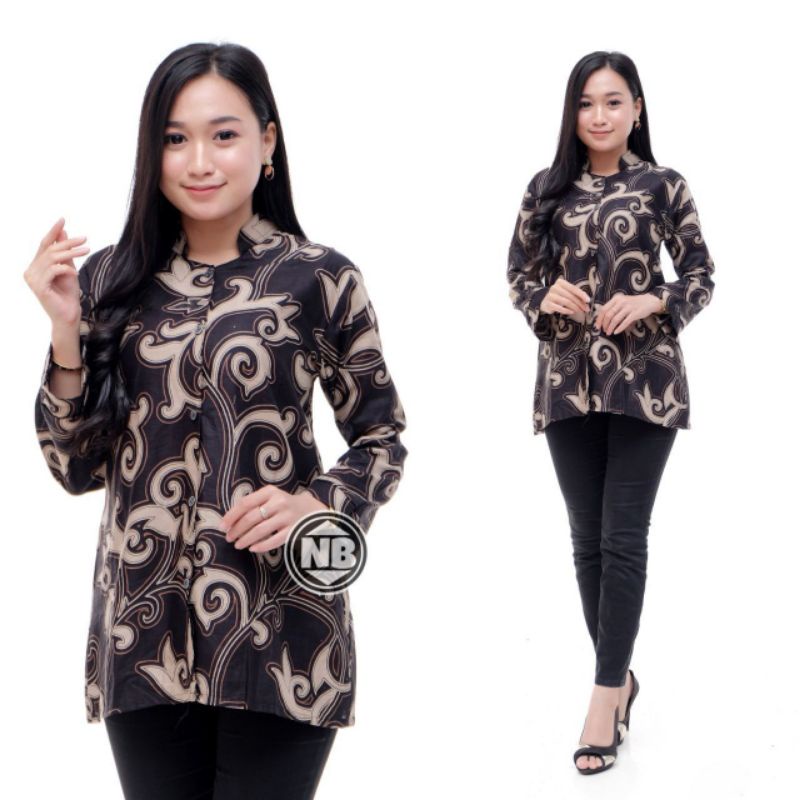 Batik wanita ASJ SA HRB026 Kenongo Kemeja Tosca Pendek-Bl kangkung hitam