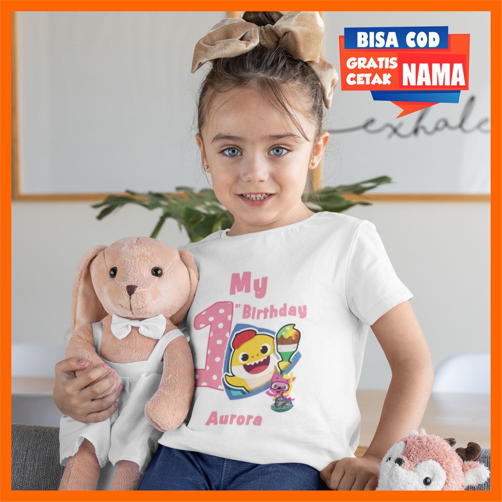 Baju Kaos Baby Shark Ulang Tahun Ultah Birthday Anak Perempuan Cewek Baby Shark Gratis Cetak Sablon 