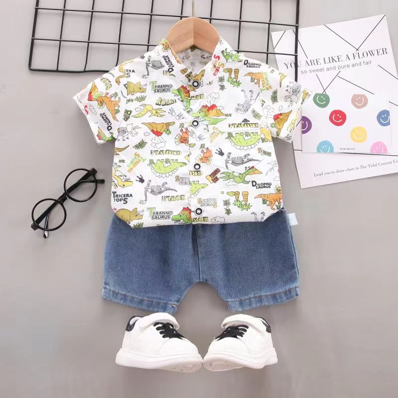 SSL7-Setelan Set Kemeja Anak Laki Laki Motif Dinosaurus