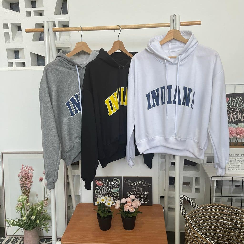 Croope Hoodie Indiana Croptop Oversize Wanita Motif Lettering Bahan Fleece