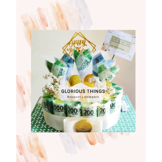 

Money cake uang kue 1 susun / tier uang asli 1.8jt lampu led