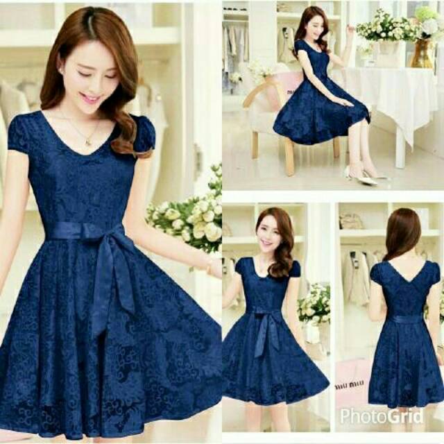 Dress Brukat Anggun Biru Dongker Terusan Pesta Blue Navy Natal Tahun Baru Imlek Wanita Cantik Pita