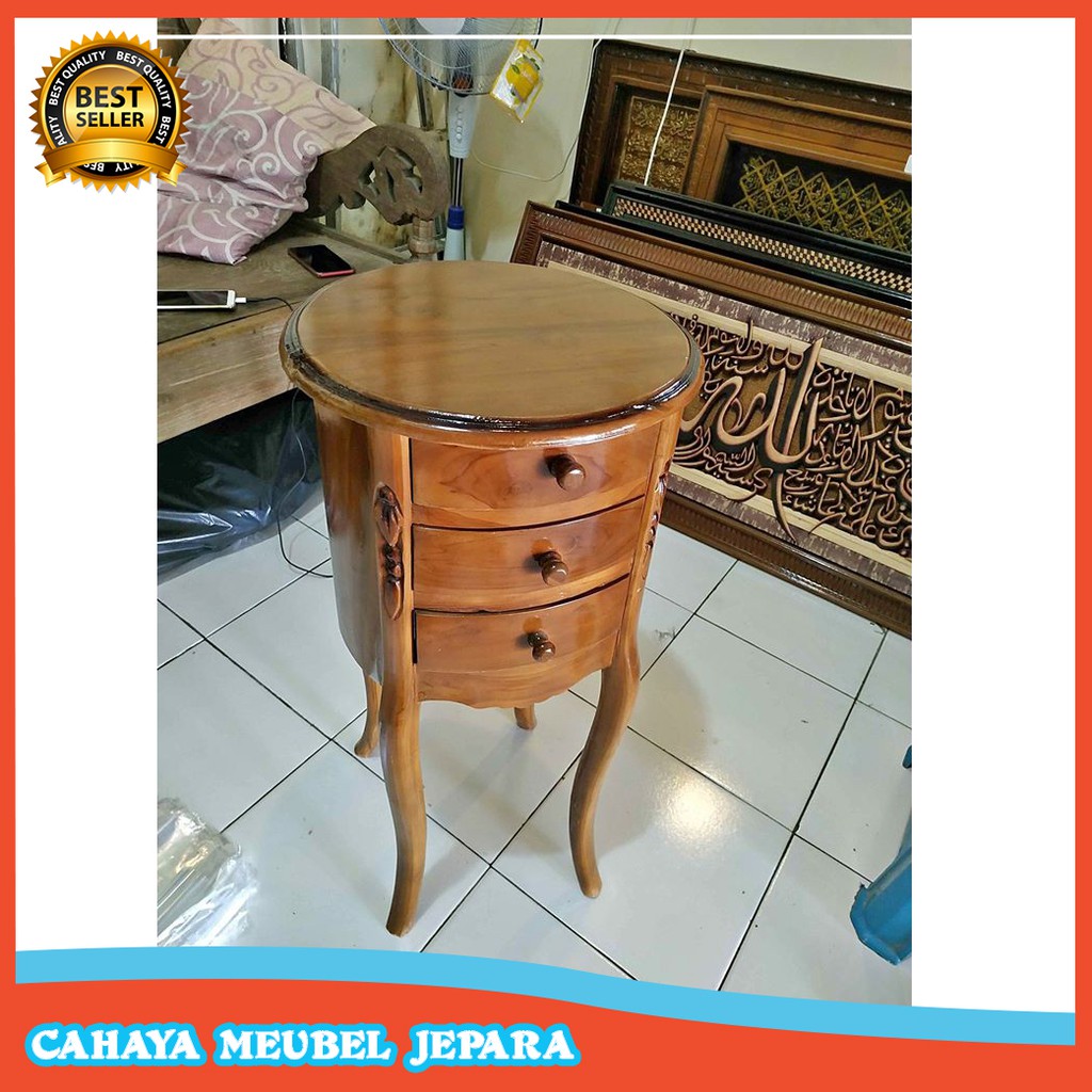 MEJA NAKAS MINIMALIS LACI 3 BUNDAR MEJA POJOK KECIL KAYU JATI UNTUK POT BUNGA