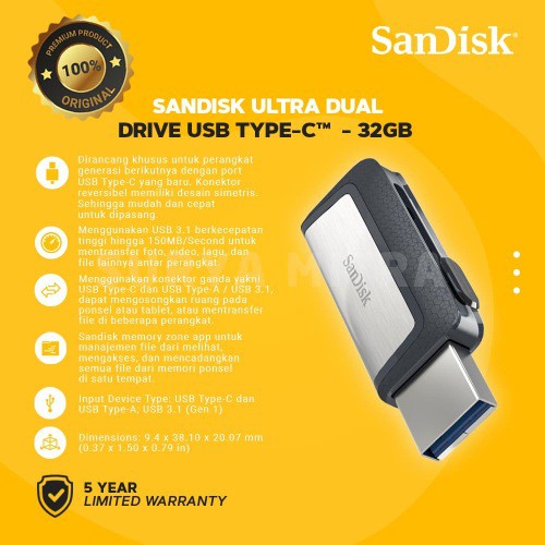 Sandisk Flashdisk 32GB Ultra Dual Drive USB Type C OTG - SDDDC2-032G