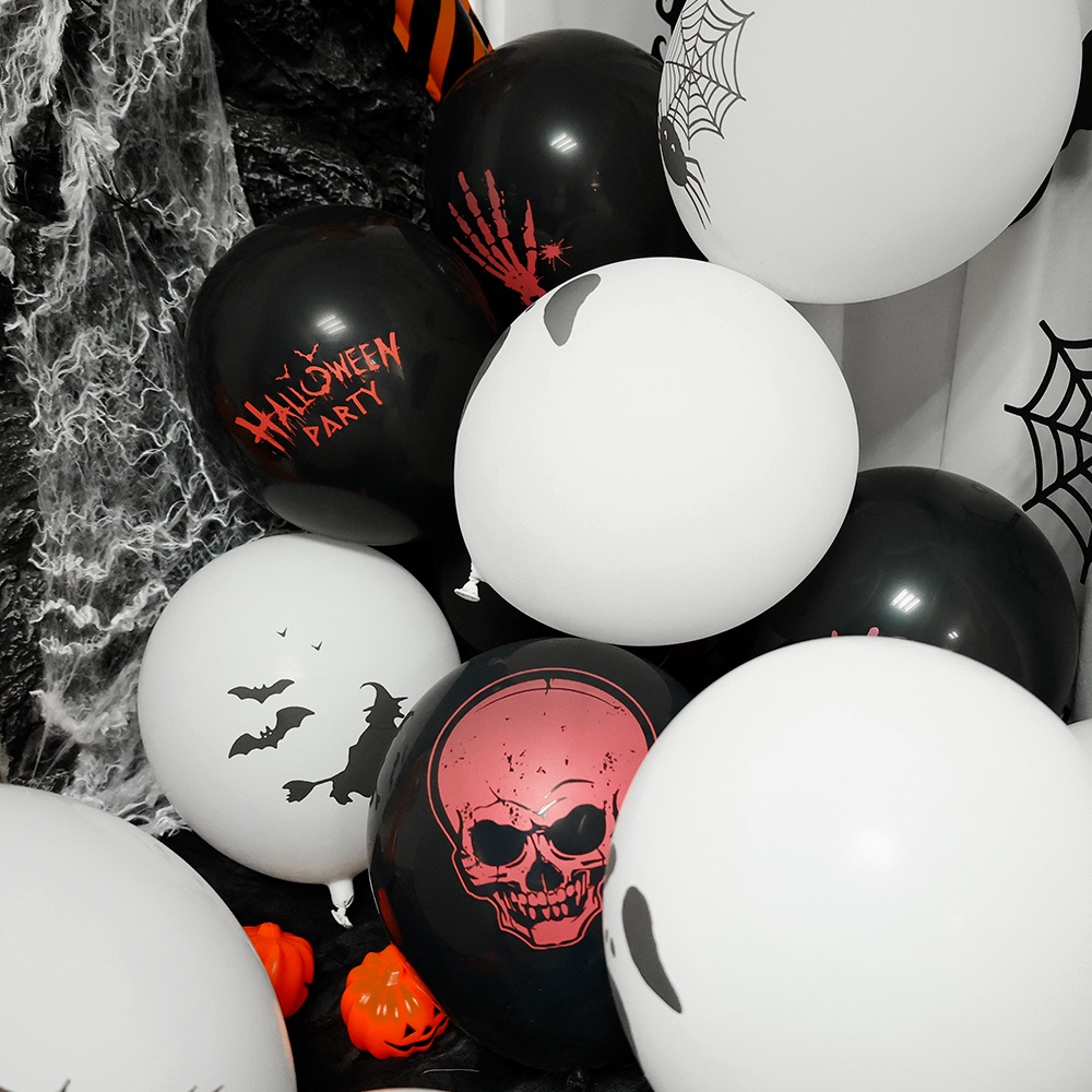 10pcs Balon Latex Motif Hantu Laba-Laba Kelelawar Tengkorak Warna Hitam Putih Ukuran 12 Inci Untuk Dekorasi Pesta Halloween