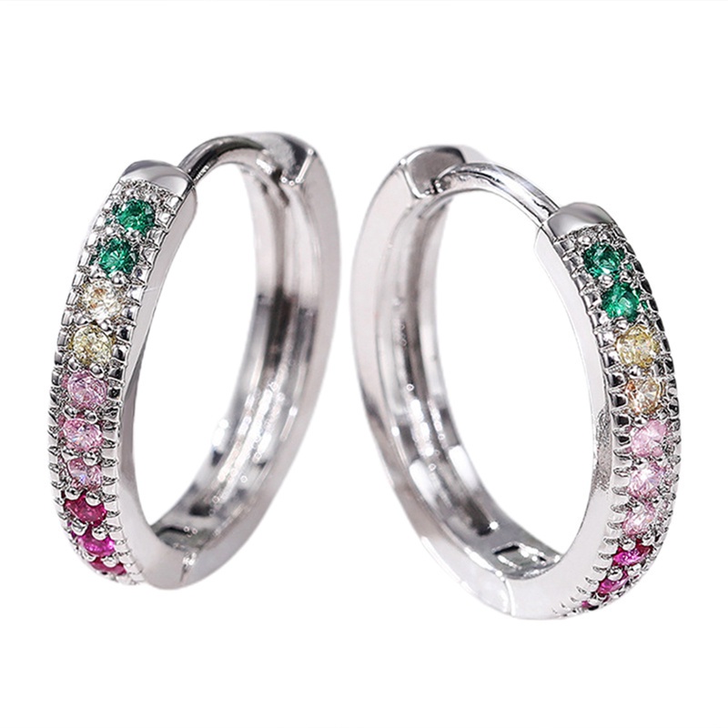 Bright Multi Color CZ Circle Earrings Hoops Silver Color Simple Stylish Women Earrings Wedding Engagement Party Jewelry