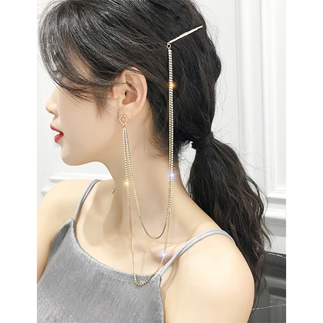 LRC Anting Tusuk + Jepitan Fashion Gold Alloy Diamond Earrings Hairpin Integrated Chain