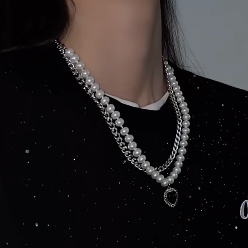 Kalung Rantai Klavikula Model Double Layer Aksen Mutiara Warna Hitam Gaya Vintage