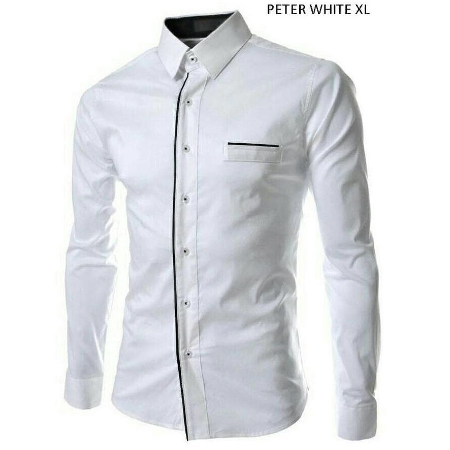 Ini Saja Kemeja pria slim fit combi list warna putih, motif kantong jas P_043 - Putih Hot Promo