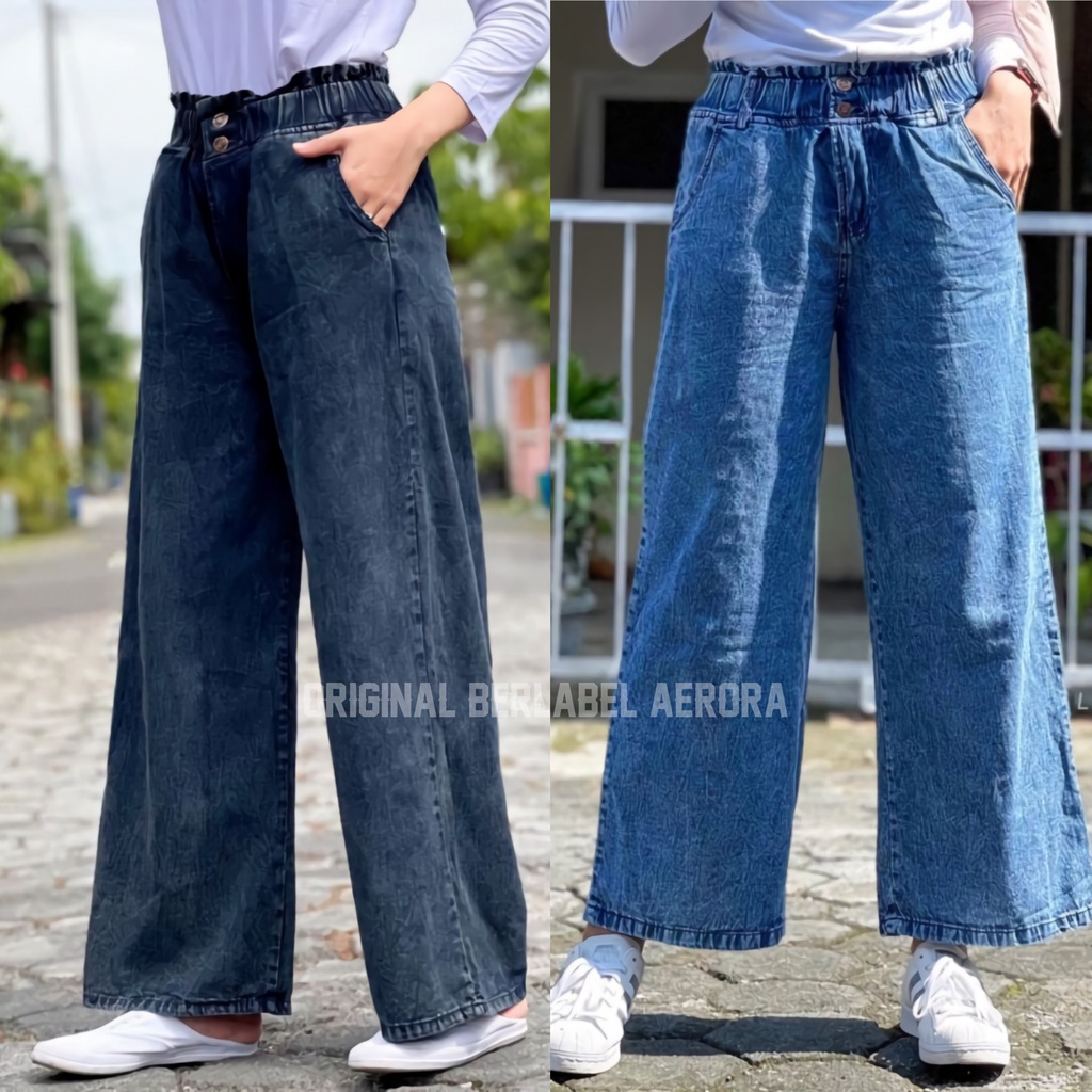 Kama #2 Celana Kulot Jeans Jens Panjang Jins Wanita Palazzo Kekinian Pinggang Karet Premium Lp 70-100 P 90 Allsize