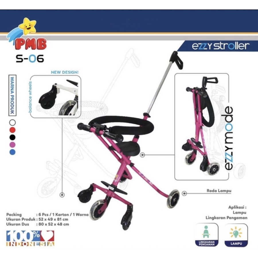 Stroller Anak PMB TOYS S06 Ezzy Kereta Dorong Bayi dan Balita Roda Lima Mode Portable SNI-Pink