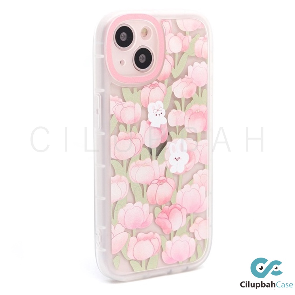 Soft Case Pink Bunny With Flowers Full Lens Cover iPhone iPhone 7 8 SE 7+ 8+ X XR XS 11 12 13 MINI PRO MAX