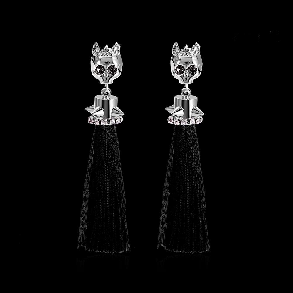 OW@ Women's Fashion Plated Alloy Zircon Skull Shape Tassels Dangle Earrings Jewelry