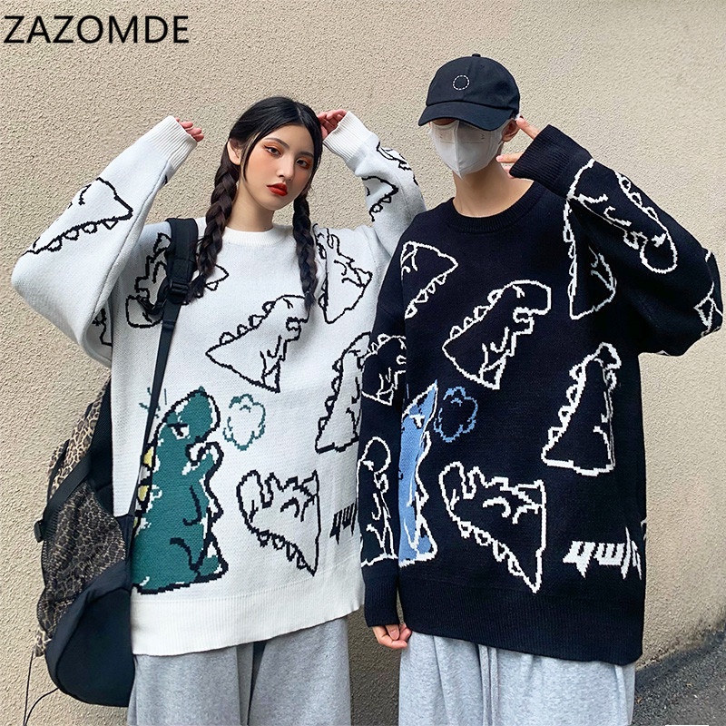 ZAZOMDE Harajuku Knitted Sweater Cartoon Dinosaur Pullover Male Hip Hop Loose Sweater Casual Pullove