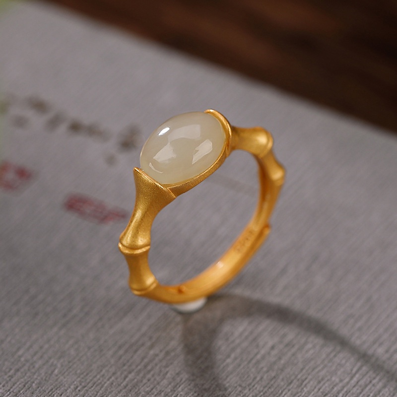 Cincin Bahan Bambu Giok Hetian Alami Gaya vintage Untuk Wanita