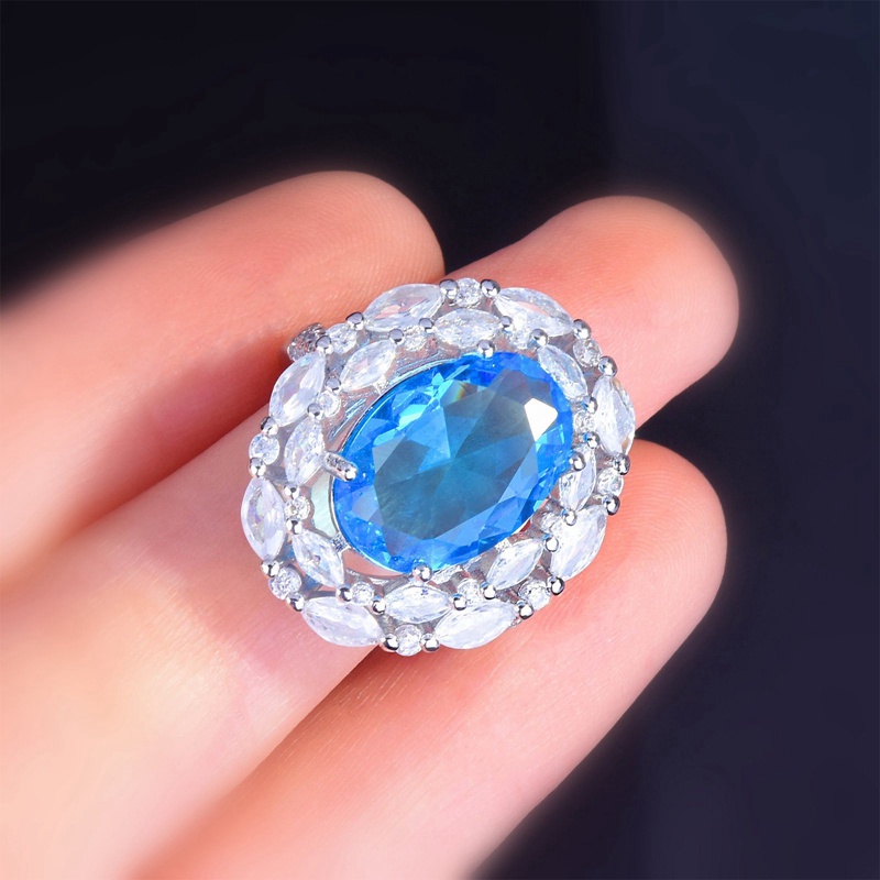 Cincin Batu Topaz Biru Swiss Aksen Berlian Untuk Wanita