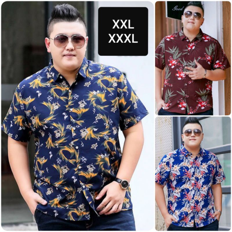 KEMEJA PRIA JUMBO BIG SIZE XXL XXXL LENGAN PENDEK MOTIF PANTAI BUNGA BUNGA FLORAL
